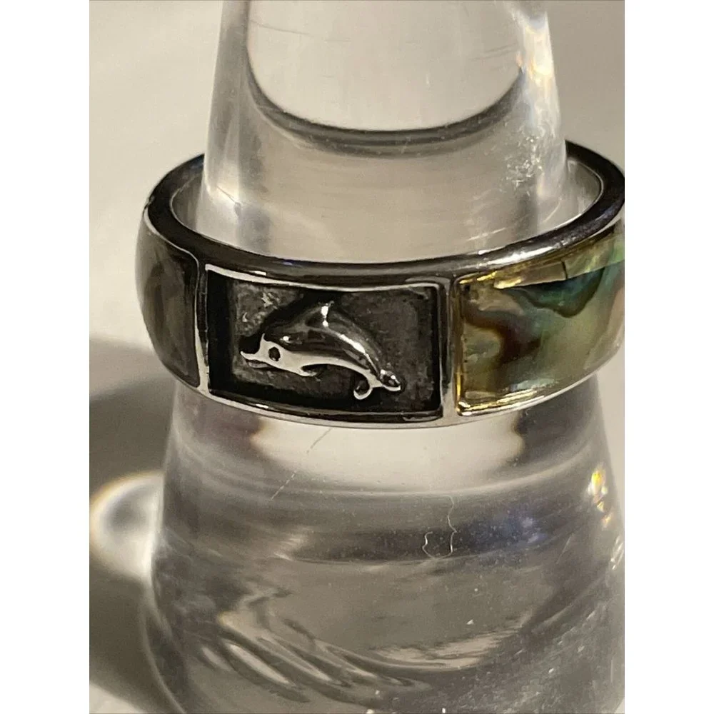 Abalone Shell Silver Tone Inlay Dolphin Ring‎ Band Size 9.5  Beach Vacation A122